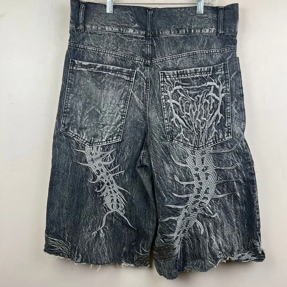 Y2K JNCO Style Black Denim Shorts With White Flame Design Size M
